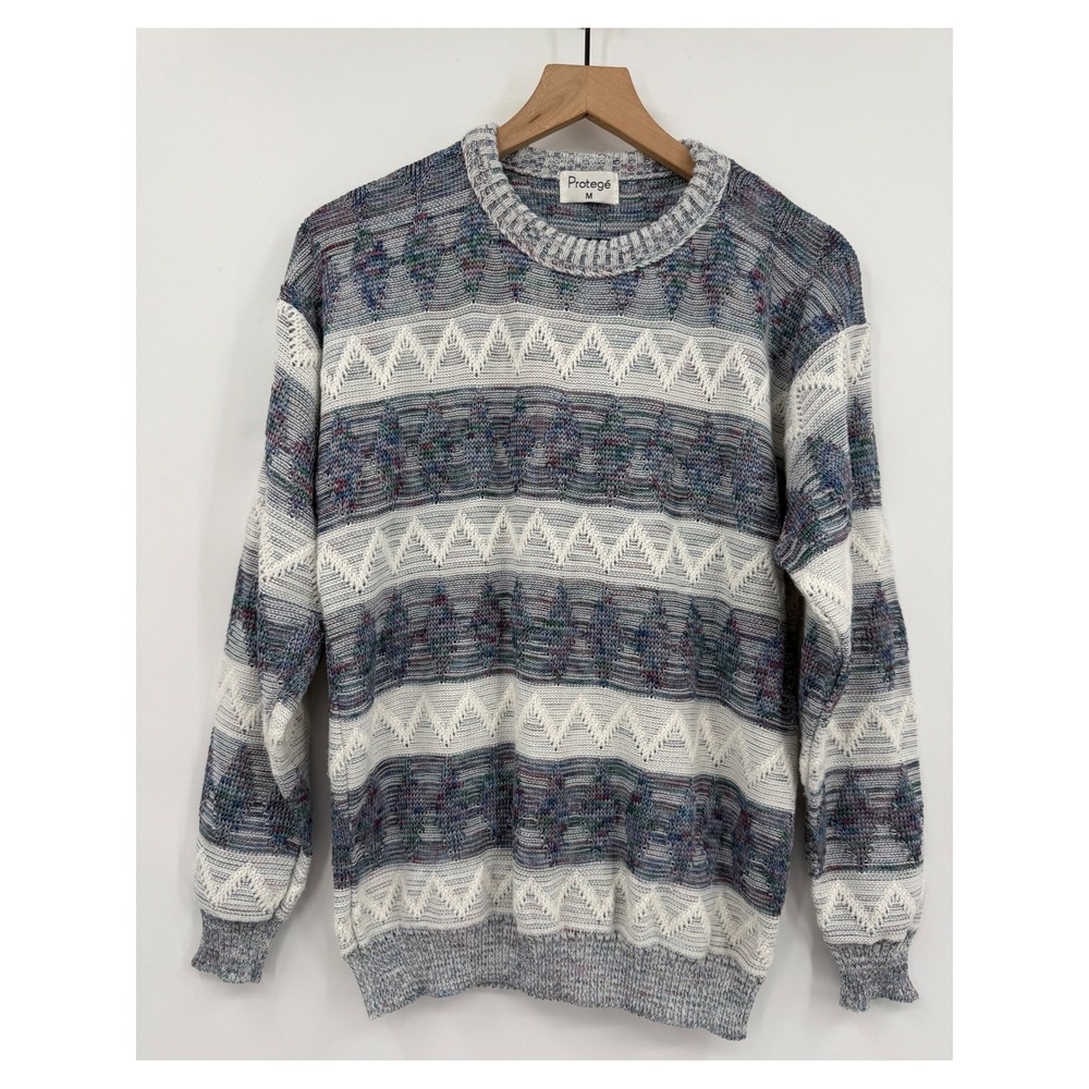 Vintage Protege Sweater Mens Medium Blue Purple Geometric 3D Knit 90s Made USA